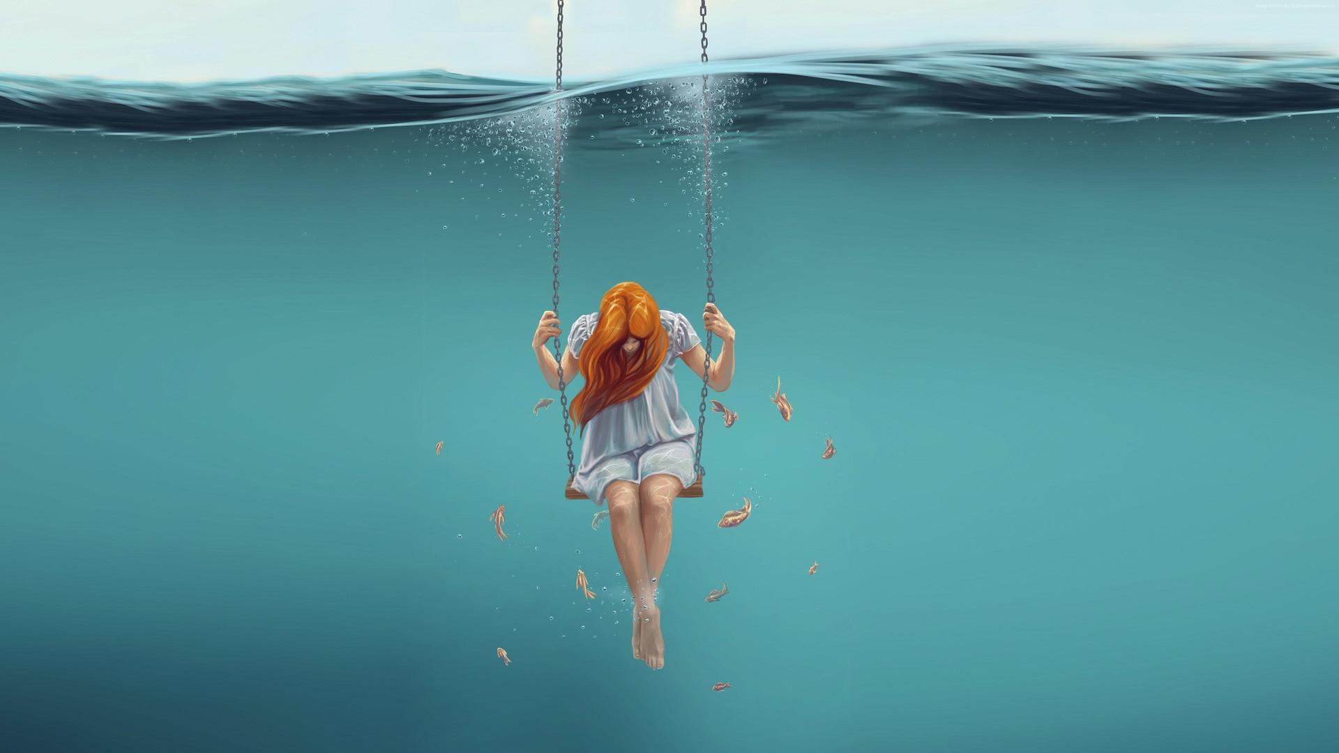 Девушка на качелях по водой рыжая море девушка  