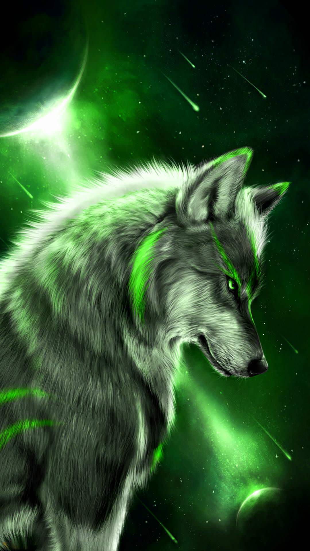 Зелёный волк ночь неон звезды волк  
