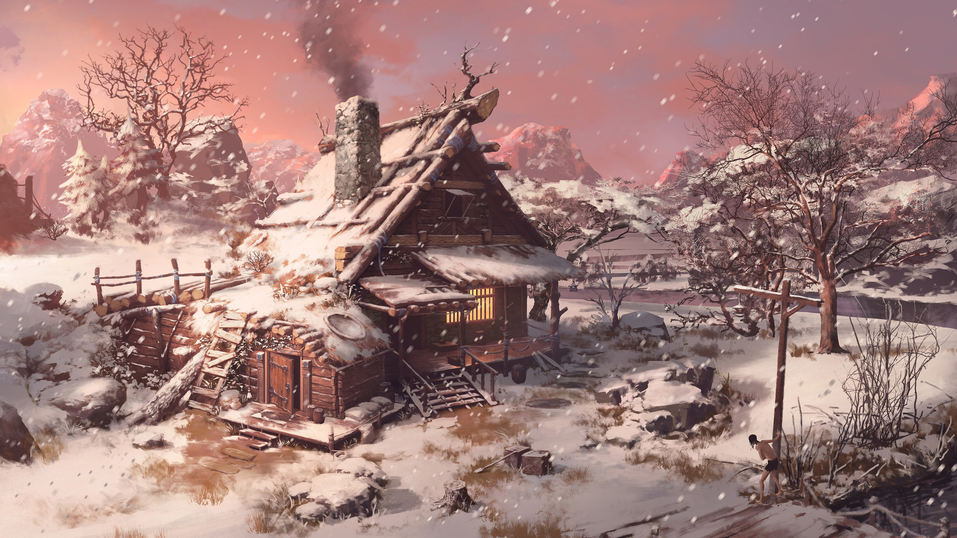 Дом в зимнем лесу снег зима дом деревня вечер  