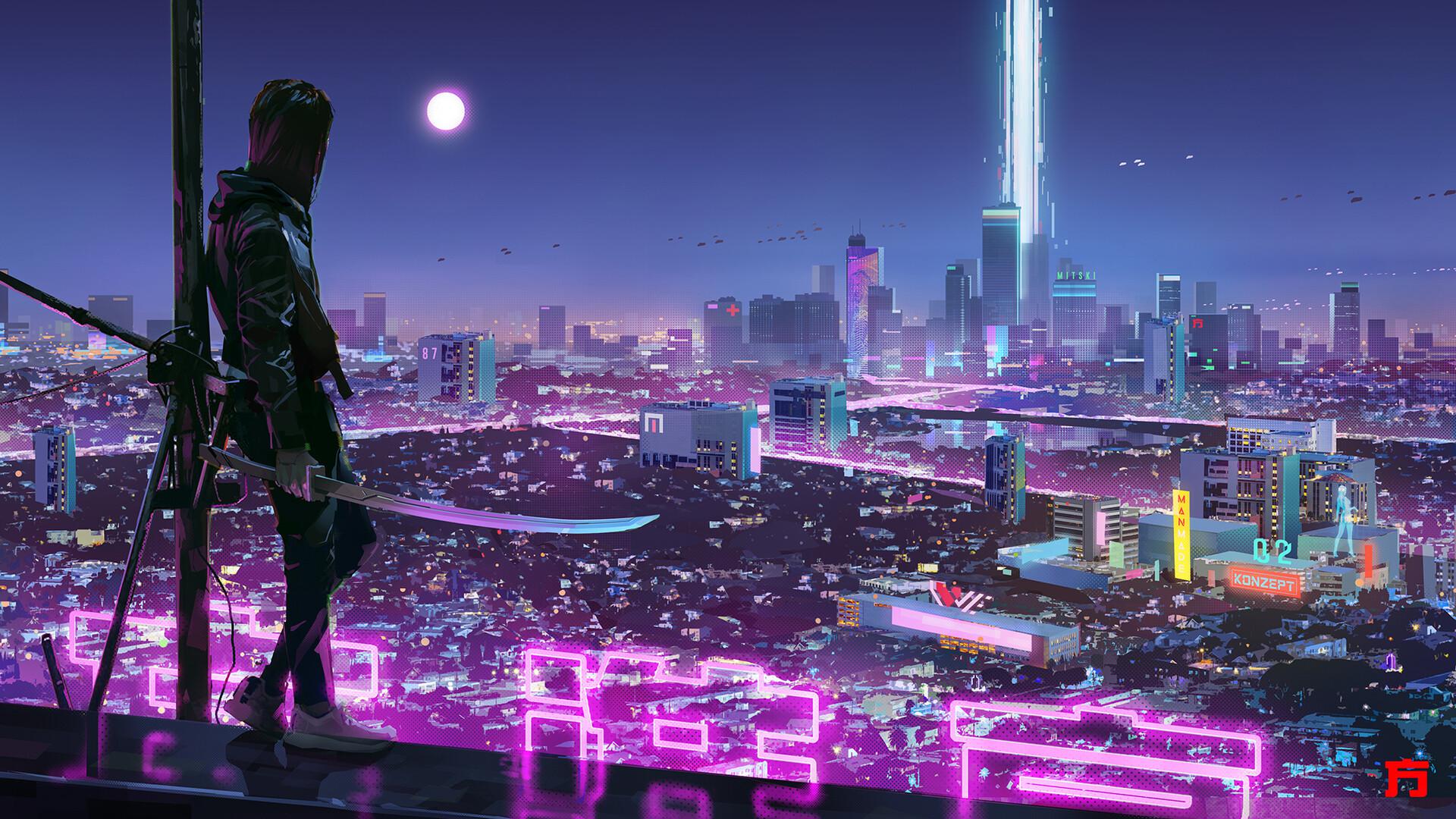 Воин будущего ночь неон луна киберпанк город  