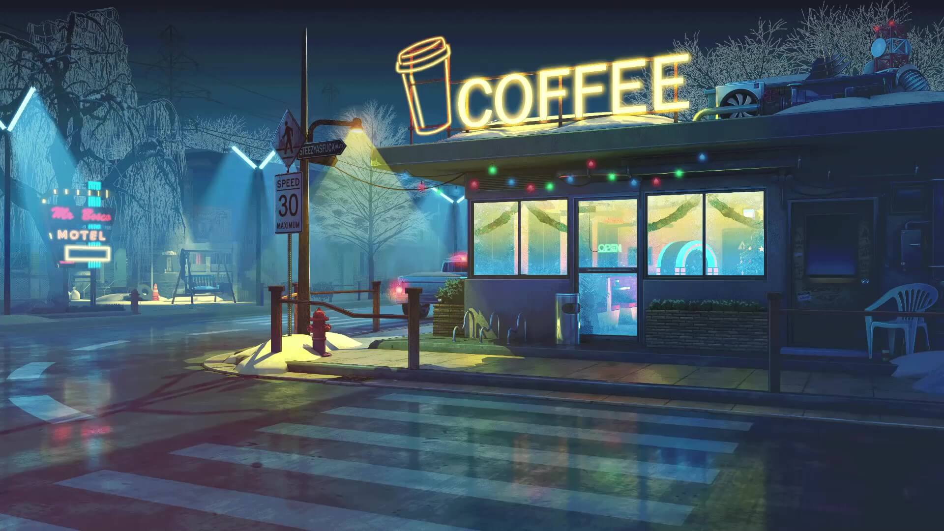 Кофейня ночь неон кофе зима город  