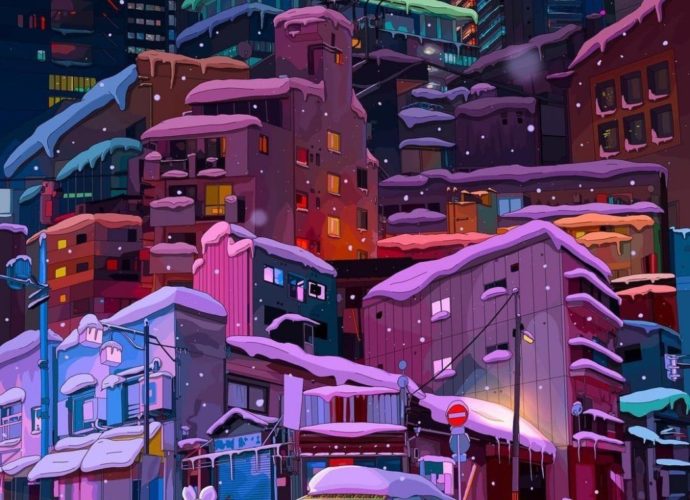 Зима в городе трущобы ночь небоскребы мультфильм город арт  