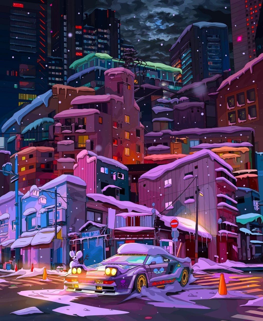Зима в городе трущобы ночь небоскребы мультфильм город арт  